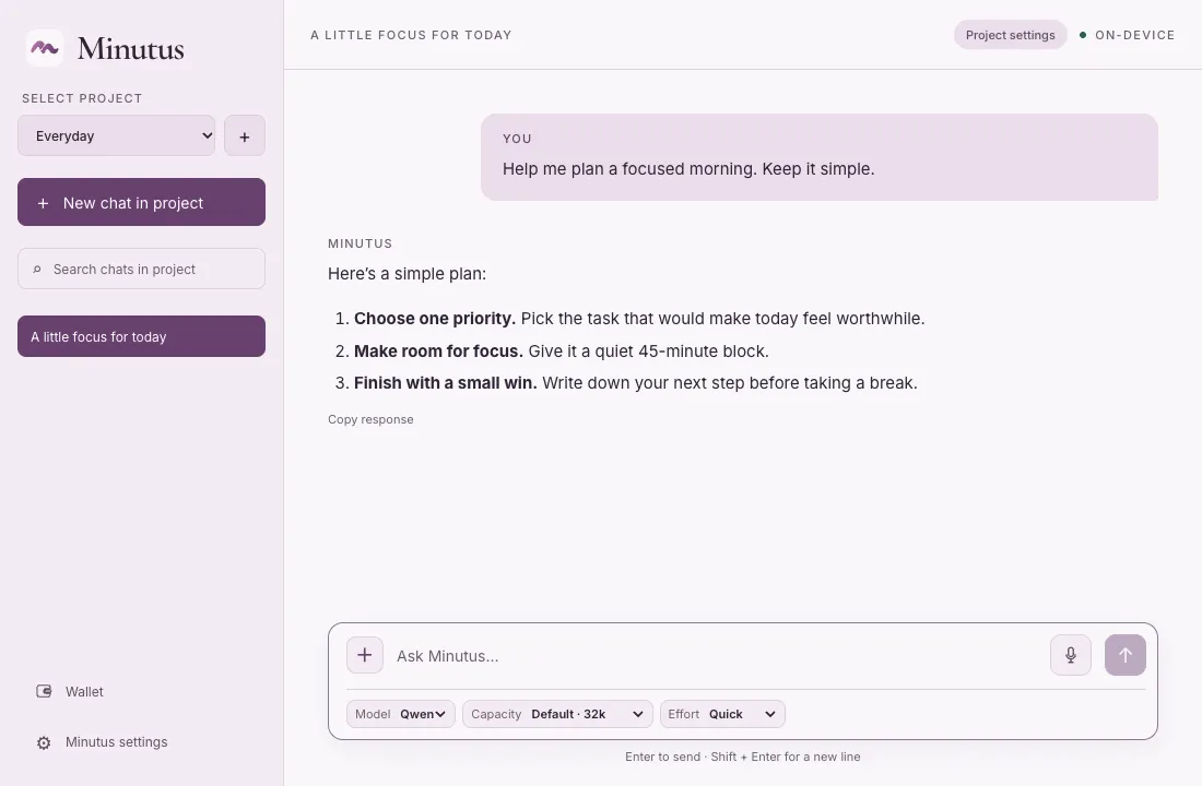 Minutus desktop interface showing a project sidebar and a scripted sample chat about planning a morning.